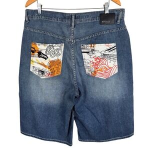 Vintage Y2K Ecko Unltd Baggy Fit Jean Shorts Mens 38 Blue Graffiti Streetwear
